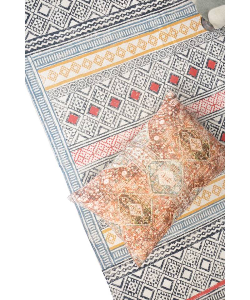 black Cotton Hand Block Printed Rug