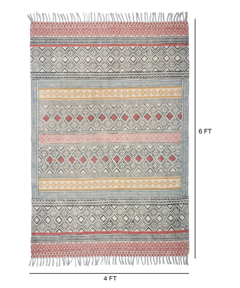 black Cotton Hand Block Printed Rug