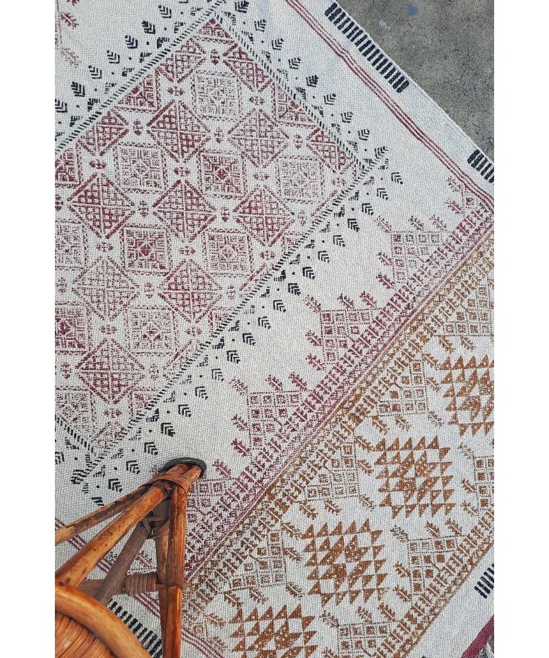 black Cotton Hand Block Printed Rug