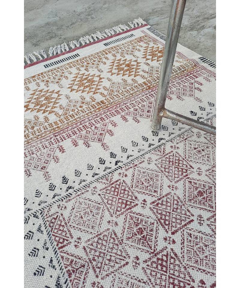 black Cotton Hand Block Printed Rug