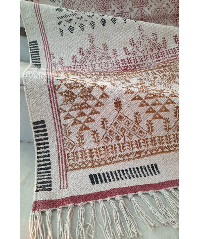 black Cotton Hand Block Printed Rug