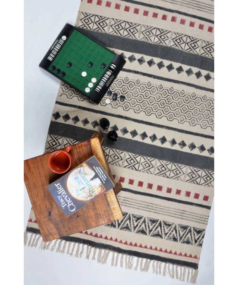 black Cotton Hand Block Printed Rug