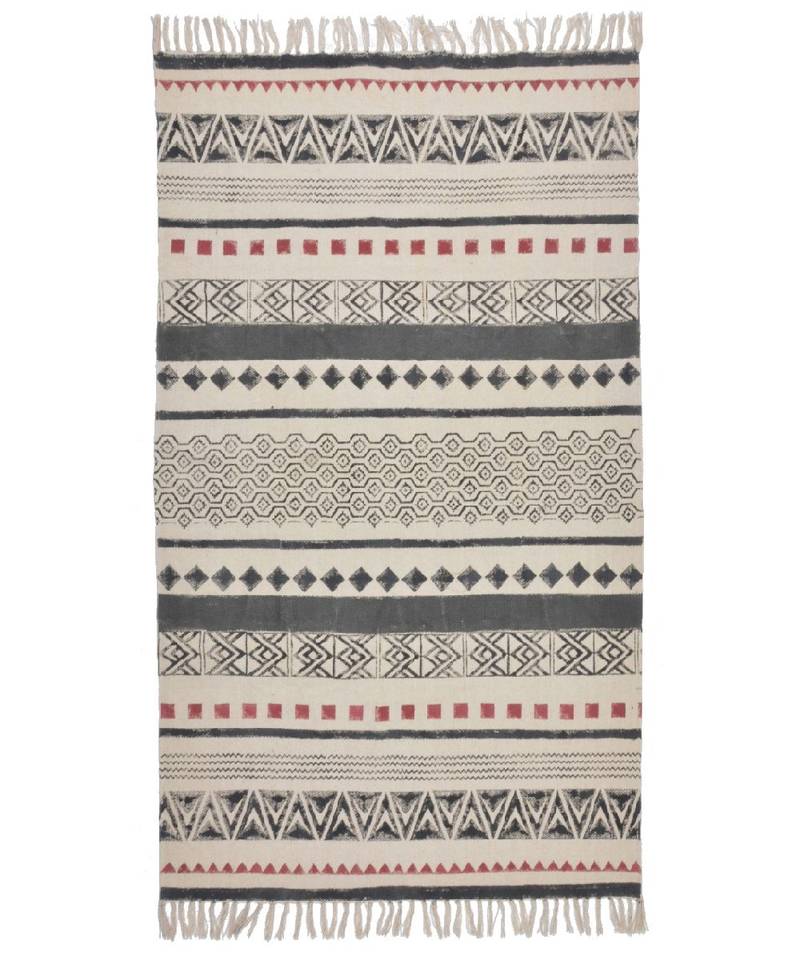 black Cotton Hand Block Printed Rug