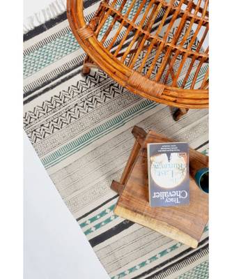 black Cotton Hand Block Printed Rug 1