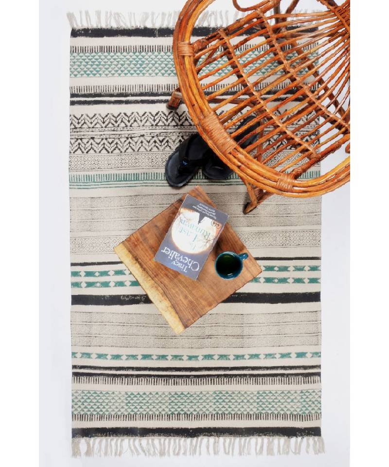 black Cotton Hand Block Printed Rug