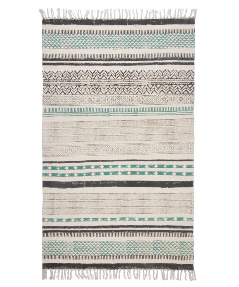 black Cotton Hand Block Printed Rug