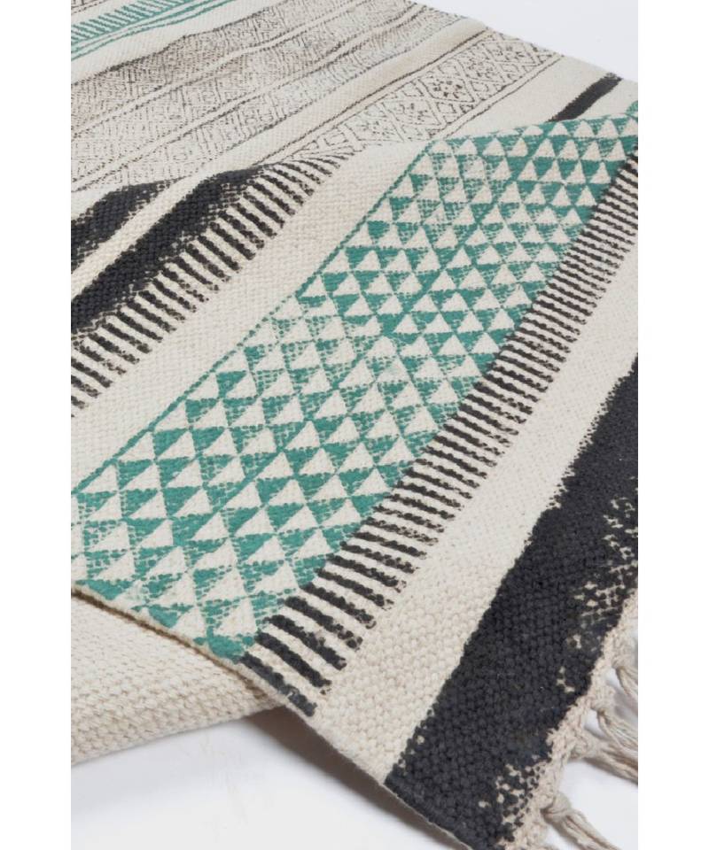 black Cotton Hand Block Printed Rug