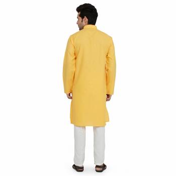 Yellow cotton plain stitched   kurta &    pyjama 5