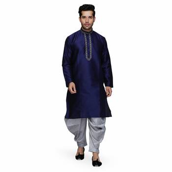 Blue Dupion Silk Embroidered stitched   kurta &    pyjama 1