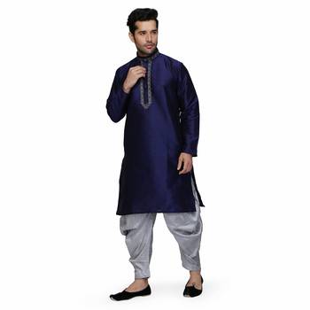 Blue Dupion Silk Embroidered stitched   kurta &    pyjama 4