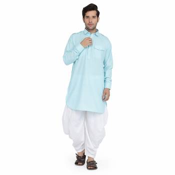 Blue cotton plain stitched   pathani suits 1