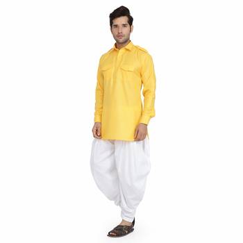 Yellow cotton plain stitched   pathani suits 3