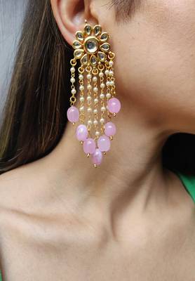 Pink Tassle Kundan Earrings 1