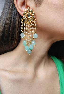 Mint Green Tassle Kundan Earrings 1