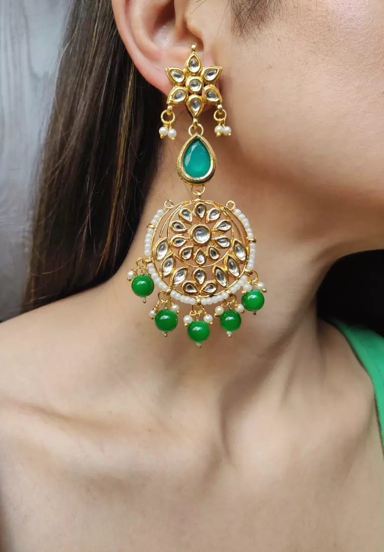Green Kundan Chandbali Earrings