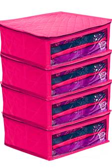 atorakushon Satin Fabric Saree Cover Garments Cover Bag Clothes Storage Wardrobe pack of 4 Pink }