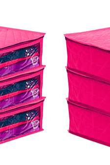 atorakushon Satin Fabric Saree Cover Garments Cover Bag Clothes Storage Wardrobe pack of 6 Pink }