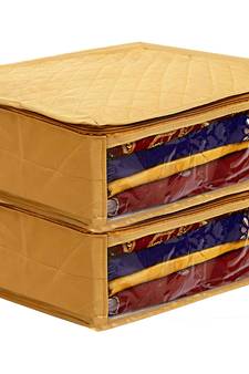 atorakushon Satin Fabric Saree Cover Garments Cover Bag Clothes Storage Wardrobe pack of 2 {gold }