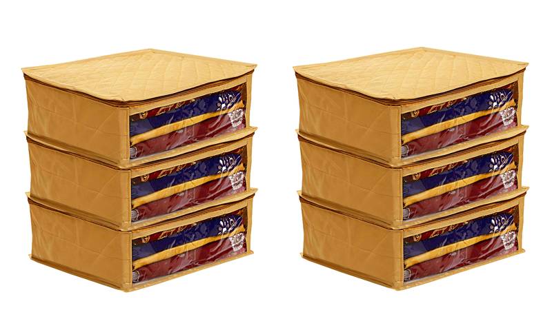 atorakushon Satin Fabric Saree Cover Garments Cover Bag Clothes Storage Wardrobe pack of 6 {gold }