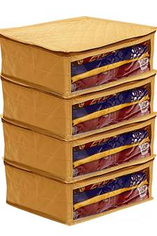 atorakushon Satin Fabric Saree Cover Garments Cover Bag Clothes Storage Wardrobe pack of 4 {gold }
