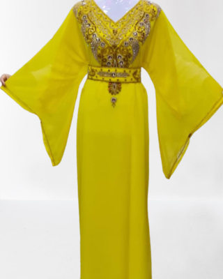 Sunshine Yellow Kaftan Gown with Ornate Embellishments 1