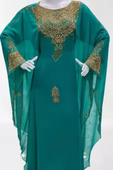 teal green Zari Stone Work Georgette Islamic Style Beads Embedded Partywear Kaftan Long Gown Evening wear Dubai kaftan