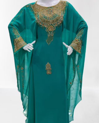 teal green Zari Stone Work Georgette Islamic Style Beads Embedded Partywear Kaftan Long Gown Evening wear Dubai kaftan 3