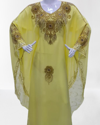 Yellow Zari Stone Work Georgette Islamic Style Beads Embedded Partywear Kaftan Long Gown Evening wear Dubai kaftan 1