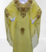 Yellow Zari Stone Work Georgette Islamic Style Beads Embedded Partywear Kaftan Long Gown Evening wear Dubai kaftan