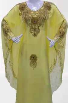 Yellow Zari Stone Work Georgette Islamic Style Beads Embedded Partywear Kaftan Long Gown Evening wear Dubai kaftan