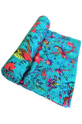 Kantha work cotton single bed cover (Turquise) 2
