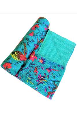 Kantha work cotton single bed cover (Turquise) 3