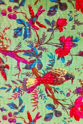 Kantha work cotton single bed cover (Green) 3