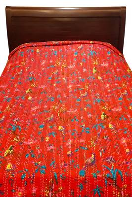 Kantha work cotton single bed cover (Magenta) 3