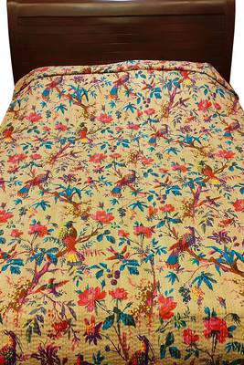 Kantha work cotton single bed cover (Beige) 3