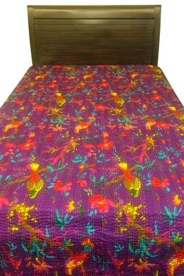 Kantha work cotton single bed cover (Purple) 2