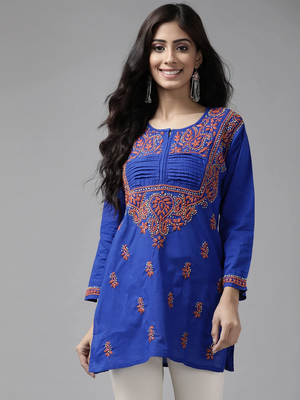 Ada Hand Embroidered Royal Blue Cotton Lucknow Chikankari Women Short Kurti - A226846 6
