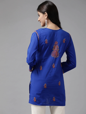 Ada Hand Embroidered Royal Blue Cotton Lucknow Chikankari Women Short Kurti - A226846 7