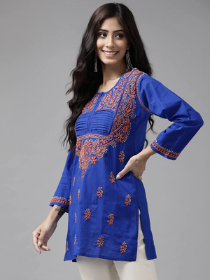 Ada Hand Embroidered Royal Blue Cotton Lucknow Chikankari Women Short Kurti - A226846 8