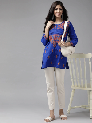 Ada Hand Embroidered Royal Blue Cotton Lucknow Chikankari Women Short Kurti - A226846 10