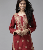 Ada Hand Embroidered Maroon Cotton Lucknowi Chikan Women Short Kurti - A250481