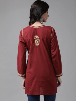 Ada Hand Embroidered Maroon Cotton Lucknowi Chikan Women Short Kurti - A250481 2