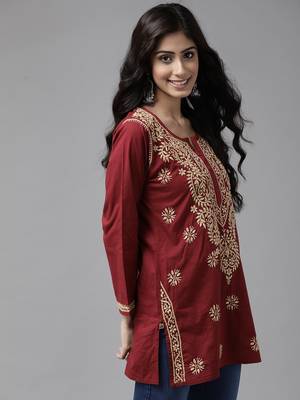 Ada Hand Embroidered Maroon Cotton Lucknowi Chikan Women Short Kurti - A250481 3