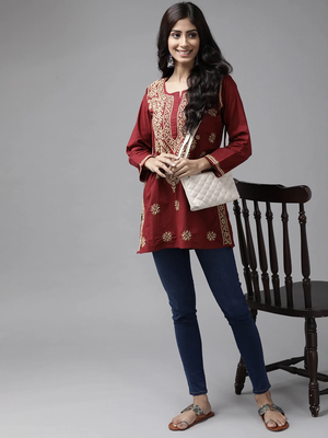 Ada Hand Embroidered Maroon Cotton Lucknowi Chikan Women Short Kurti - A250481 4