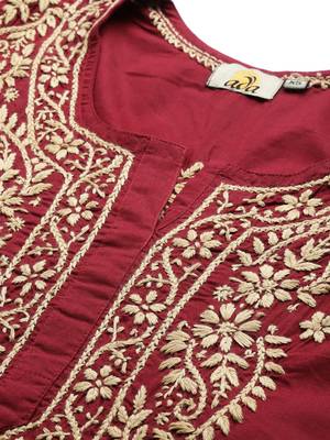Ada Hand Embroidered Maroon Cotton Lucknowi Chikan Women Short Kurti - A250481 5