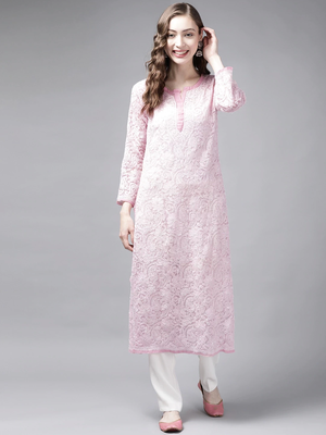 Ada Women's Hand Embroidered Onion Pink Faux Georgette Lucknow Chikan Kurti - A190544 1