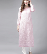Ada Women's Hand Embroidered Onion Pink Faux Georgette Lucknow Chikan Kurti - A190544