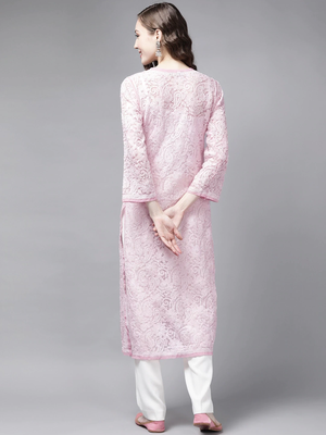 Ada Women's Hand Embroidered Onion Pink Faux Georgette Lucknow Chikan Kurti - A190544 2