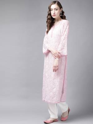 Ada Women's Hand Embroidered Onion Pink Faux Georgette Lucknow Chikan Kurti - A190544 3