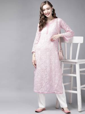 Ada Women's Hand Embroidered Onion Pink Faux Georgette Lucknow Chikan Kurti - A190544 4